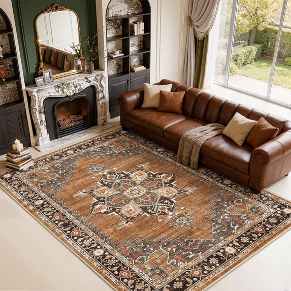 Toyoso 6x9 Large Area Rug, Traditional Frame Motif Silicone Carpet, 0.25 inch Slim Machine Washable Non Slip Indoor Floor Cover for Apartment and Contemporary Living Room, Brown Rust