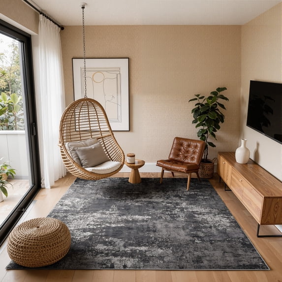 Toyoso 6x9 Modern Abstract Area Rug - Charcoal Grey & Black Silicone Carpet, Large Machine Washable Non-Slip Indoor Rug, 0.25" Low Pile Stain Resistant Carpet for Modern Living Room & Apartment