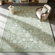 Toyoso 6x9 Light Sage Green Floral Rug, Modern Bordered Botanical Area Rug, 0.25" Low-Pile Machine Washable Non-Slip Floor Carpet for Living Room & Studio, Dura