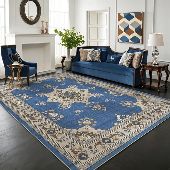 Toyoso 6x9 Large Traditional Area Rug, Rectangular Frame Design Carpet, 0.25 inch Slim Machine Washable Non Slip Floor Covering for Apartment and Living Room, Blue
