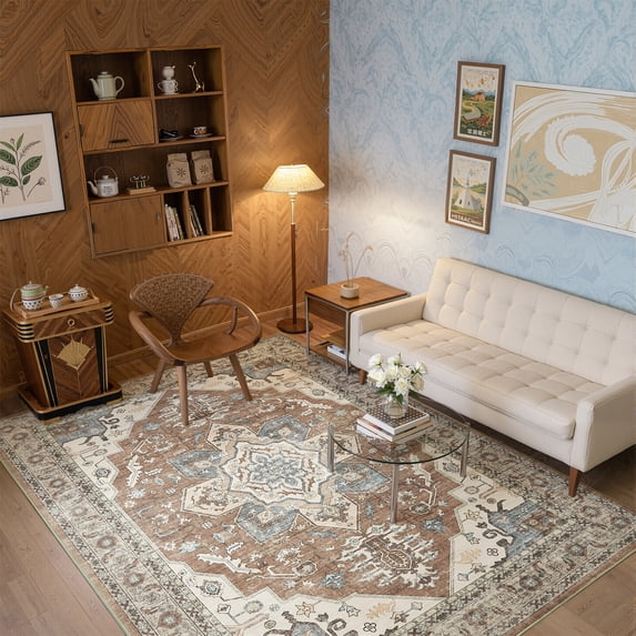 Toyoso 6x9 Vintage Persian Area Rug - Distressed Antique Rust Brown & Grey Silicone Carpet, Large Machine Washable Non-Slip Indoor Rug, 0.25" Low Pile Stain Resistant Carpet for Modern Bedroom