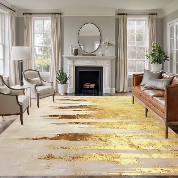 6x9 Area Rugs, Abstract Gold Non-Skid Rubber Backing Large Rectangle Rugs - Living Room Bedroom Home Office, Modern Brush Luxury Strokes Artwork Indoor Floor Mat Carpets Washable Rug