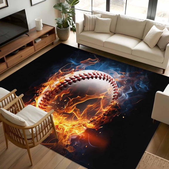 6x9 Area Rugs, Baseball, Non-Skid Rubber Backing Large Rectangle Rugs - Living Room Bedroom Home Office, Sports Theme Gradient Orange Blue Black Indoor Floor Mat Carpets Washable Rug