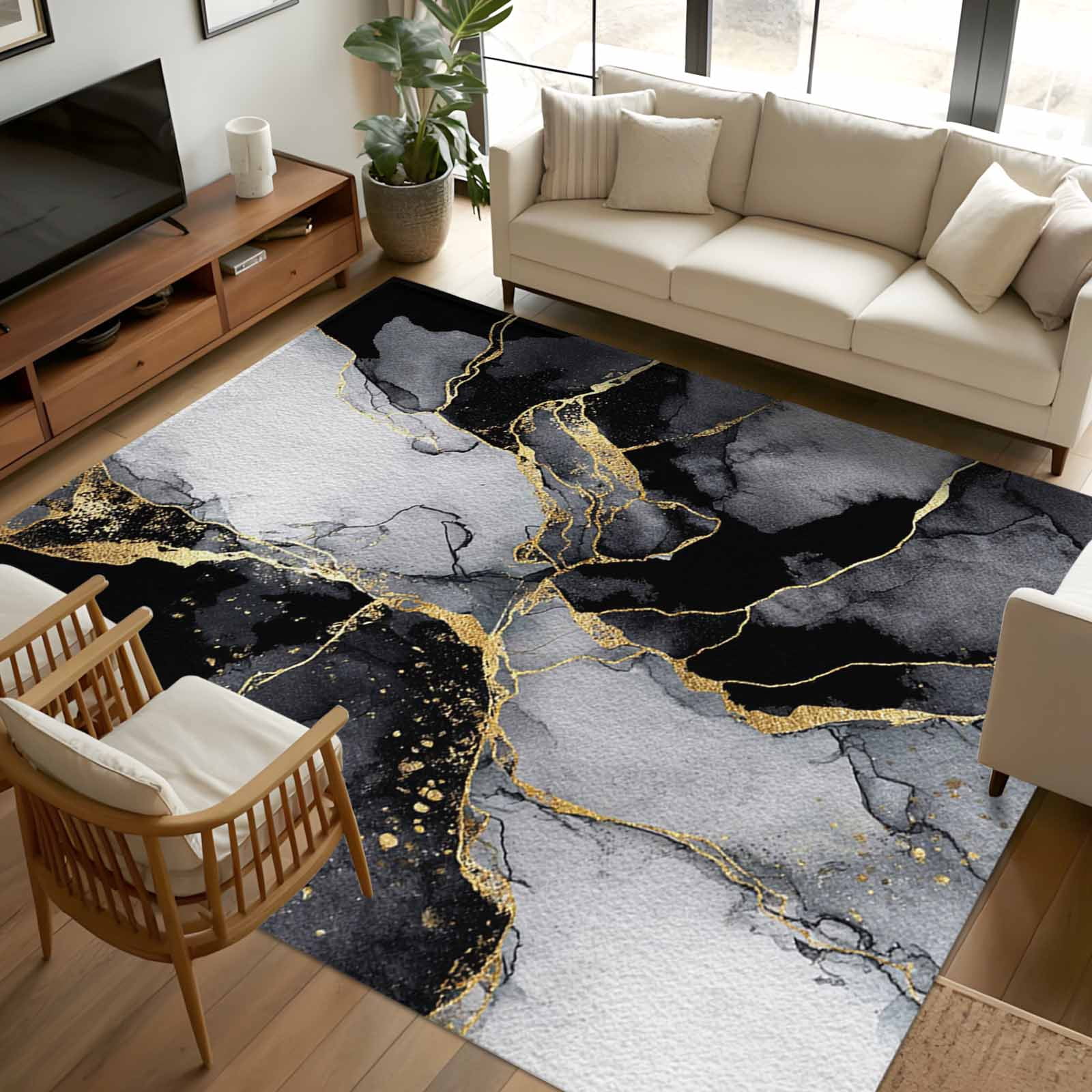 6x9 Area Rugs, Black Grey Marble Non-Skid Rubber Backing Large ...