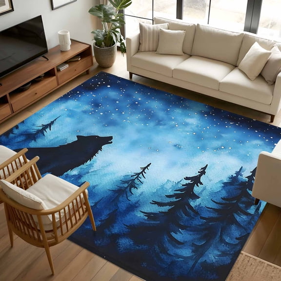 6x9 Area Rugs, Black Wolf Night Non-Skid Rubber Backing Large Rectangle Rugs - Living Room Bedroom Home Office, Abstract Forest Silhouette Starry Indoor Floor Mat Carpets Washable Rug