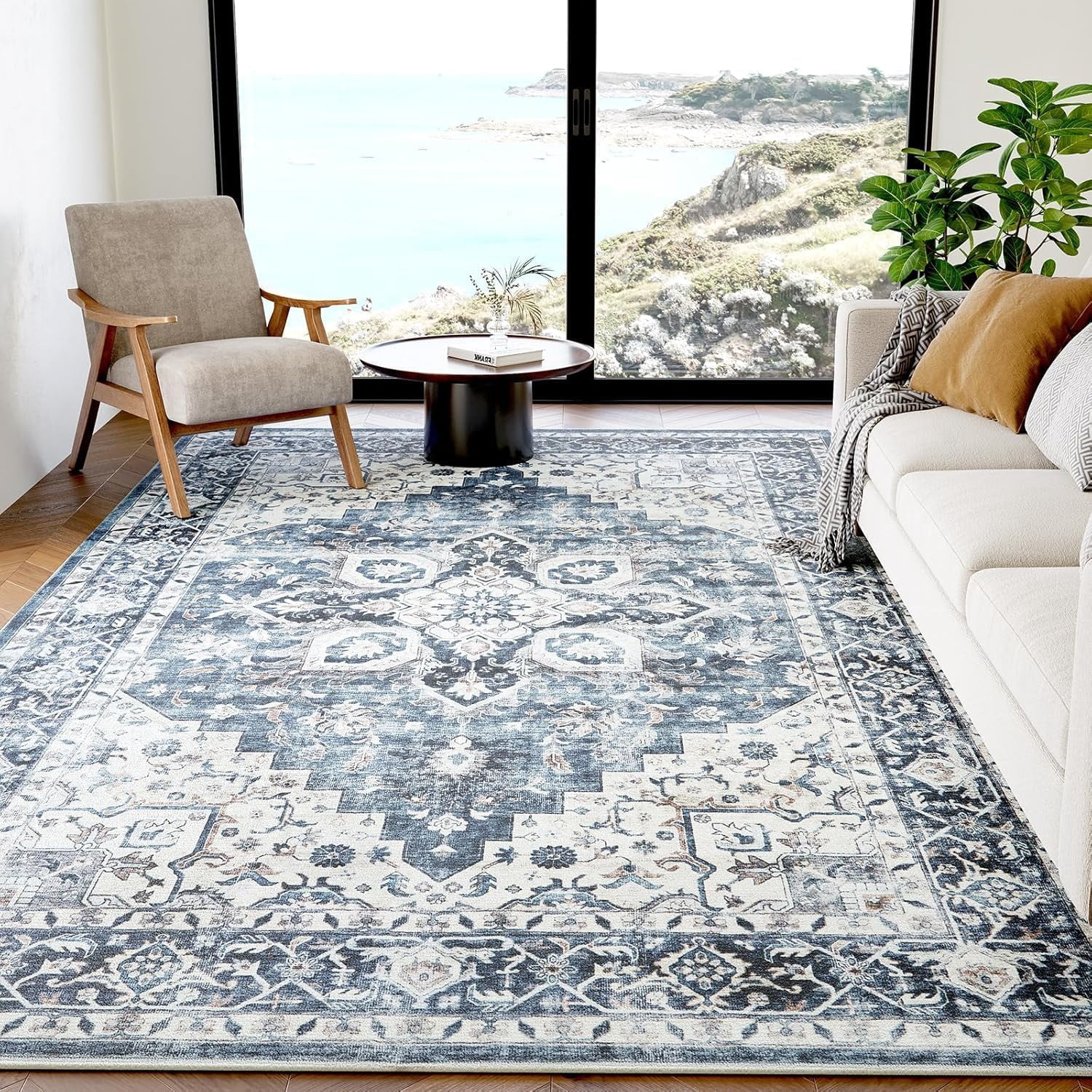 Low Profile Blue Rug 6x9 Area Rugs, Blue Low-Profile Washable Rug with Non-Slip Backing ...