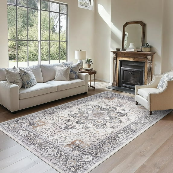 6x9 Area Rugs, Blue Low-Profile Washable Rug with Non-Slip Backing & Durable Edge Binding, Vintage Rugs for Living Room, Bedroom, Dinning Room