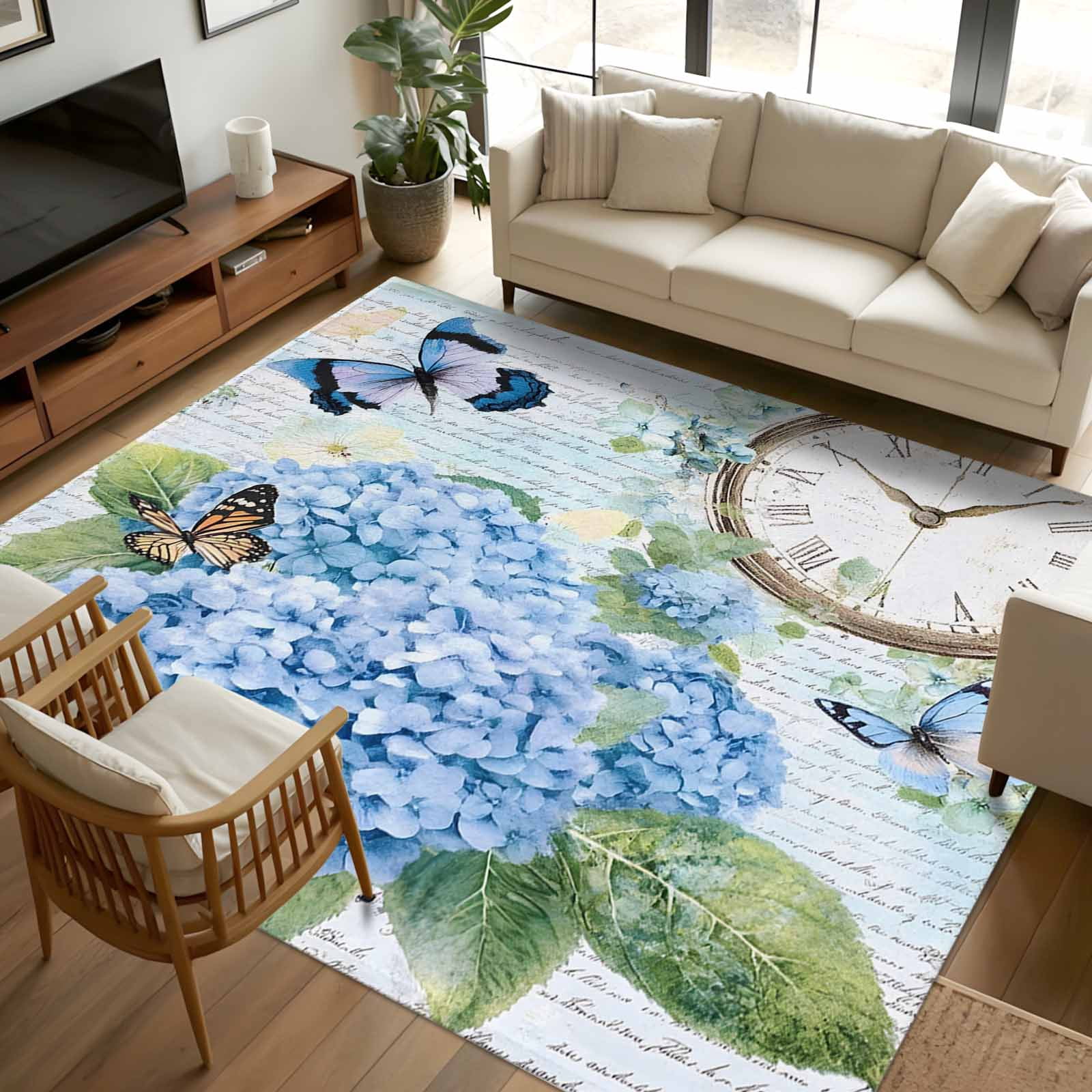 6x9 Area Rugs, Blue Vintage Hydrangea Non-Skid Rubber Backing Large ...