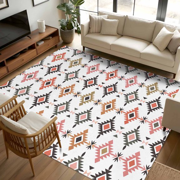 6x9 Area Rugs, Boho Colorful Geometric Non-Skid Rubber Backing Large Rectangle Rugs - Living Room Bedroom Home Office, Modern Abstract Ethnic Rhombus Indoor Floor Mat Carpets Washable Rug