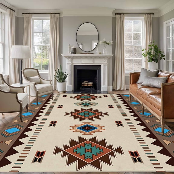 6x9 Area Rugs, Boho Southwest Non-Skid Rubber Backing Large Rectangle Rugs - Living Room Bedroom Home Office, Farmhouse Aztec Tribe Brown Blue Plaid Indoor Floor Mat Carpets Washable Rug