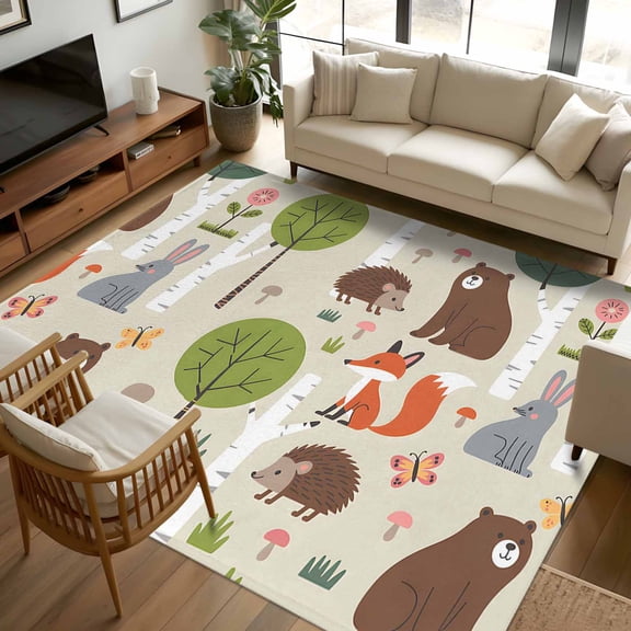 6x9 Area Rugs, Brown Bears Non-Skid Rubber Backing Large Rectangle Rugs - Living Room Bedroom Home Office, Cartoon Cute Animals Foxes Hedgehogs Forest Indoor Floor Mat Carpets Washable Rug