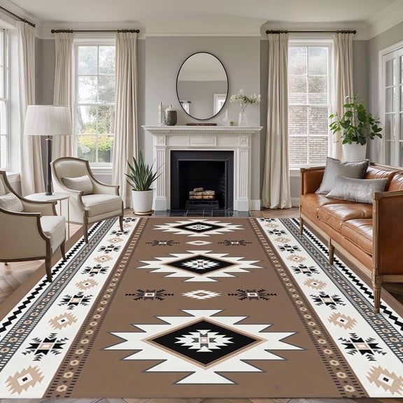 6x9 Area Rugs, Brown Boho Non-Skid Rubber Backing Large Rectangle Rugs - Living Room Bedroom Home Office, Farmhouse Aztec Southwest Ethnic Geometric Indoor Floor Mat Carpets Washable Rug