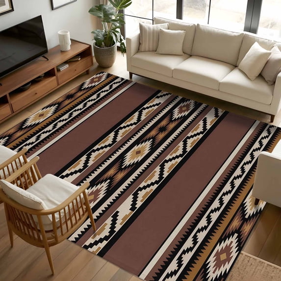 6x9 Area Rugs, Brown Boho Non-Skid Rubber Backing Large Rectangle Rugs - Living Room Bedroom Home Office, Vintage Ethnic Tribe Retro Abstract Art Indoor Floor Mat Carpets Washable Rug