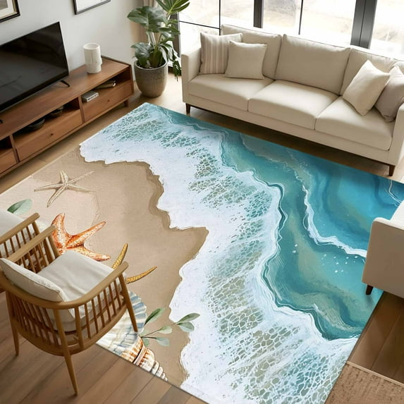6x9 Area Rugs, Coastal Beach Ocean Non-Skid Rubber Backing Large Rectangle Rugs - Living Room Bedroom Home Office, Nautical Starfish Shells Conch Indoor Floor Mat Carpets Washable Rug