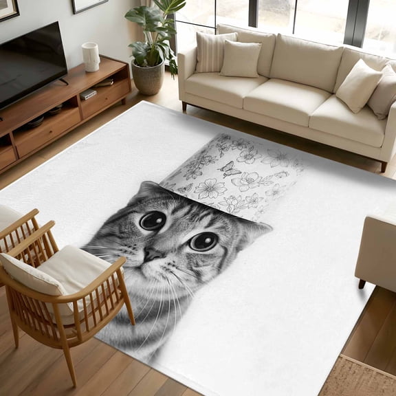 6x9 Area Rugs, Cute Cat Non-Skid Rubber Backing Large Rectangle Rugs - Living Room Bedroom Home Office, Funny Animal Toilet Paper Abstract Art Indoor Floor Mat Carpets Washable Rug