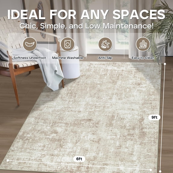 6x9 Area Rugs For Living Room Rug Washable: Modern Dining Bedroom Carpet Non Slip Low Pile 6 By 9 Indoor Abstract Home Office Beige