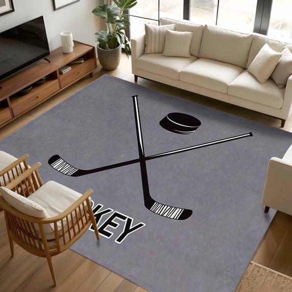 6x9 Area Rugs, Gray Hockey Non-Skid Rubber Backing Large Rectangle Rugs - Living Room Bedroom Home Office, Modern Art Vintage Hockey Ball Sports Indoor Floor Mat Carpets Washable Rug