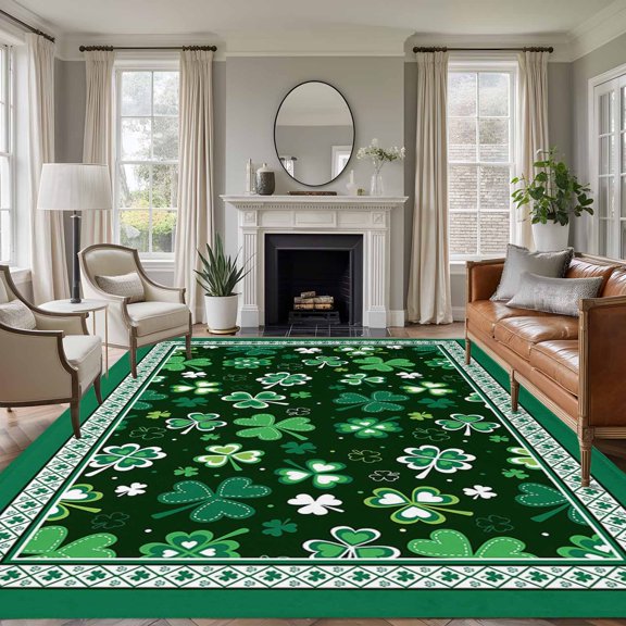6x9 Area Rugs, Green, Non-Skid Rubber Backing Large Rectangle Rugs - Living Room Bedroom Home Office, St. Patrick's Day Shamrock Spring Checkered Indoor Floor Mat Carpets Washable Rug
