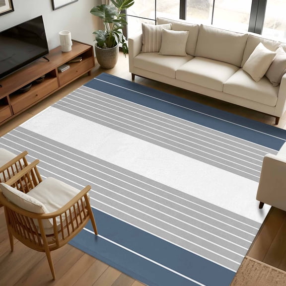 6x9 Area Rugs, Haze Blue Grey Stripe Non-Skid Rubber Backing Large Rectangle Rugs - Living Room Bedroom Home Office, Modern Art Horizontal Striped Indoor Floor Mat Carpets Washable Rug