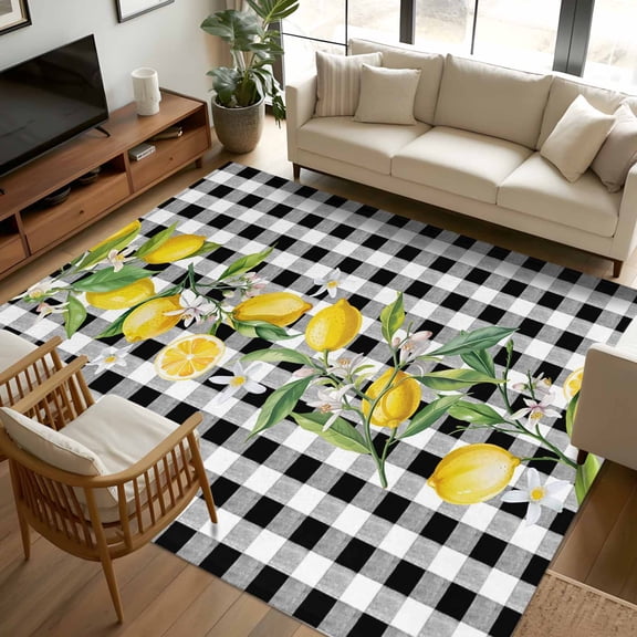 6x9 Area Rugs, Lemon Non-Skid Rubber Backing Large Rectangle Rugs - Living Room Bedroom Home Office, Farmhouse Summer Botanical Fruit Black White Plaid Indoor Floor Mat Carpets Washable Rug