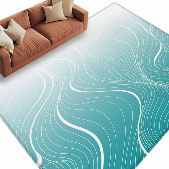 6x9 Area Rugs for Living Room, Aqua Blue Geometric Non Slip Area Rugs for Kitchen Bedroom Entryway, Modern White Stripe Distortion Art Washable Carpet Runner Rug Floor Mats for Bedroom Home Decor