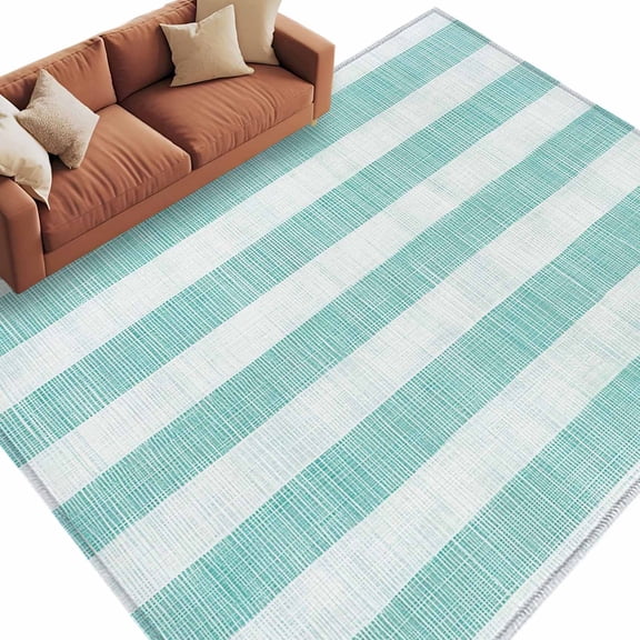 6x9 Area Rugs for Living Room, Aqua Striped Non Slip Area Rugs for Kitchen Bedroom Entryway, Rustic Farmhouse Stripes Washable Carpet Runner Rug Floor Mats for Bedroom Home Decor