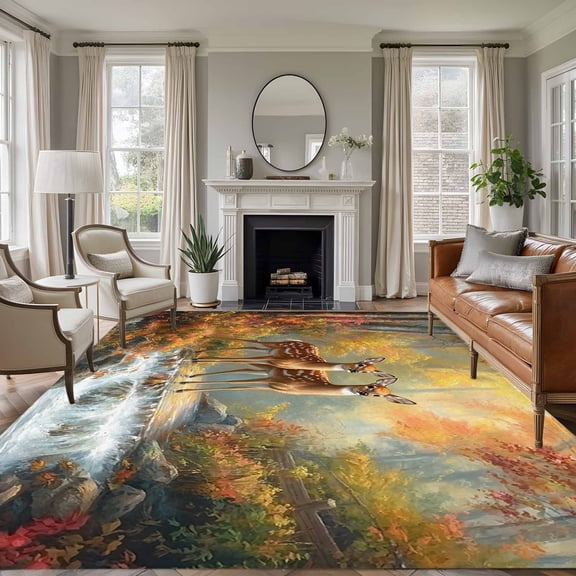 6x9 Area Rugs for Living Room, Autumn Forest Deer Non Slip Area Rugs for Kitchen Bedroom Entryway, Elk River Vintage Washable Carpet Runner Rug Floor Mats for Bedroom Home Decor