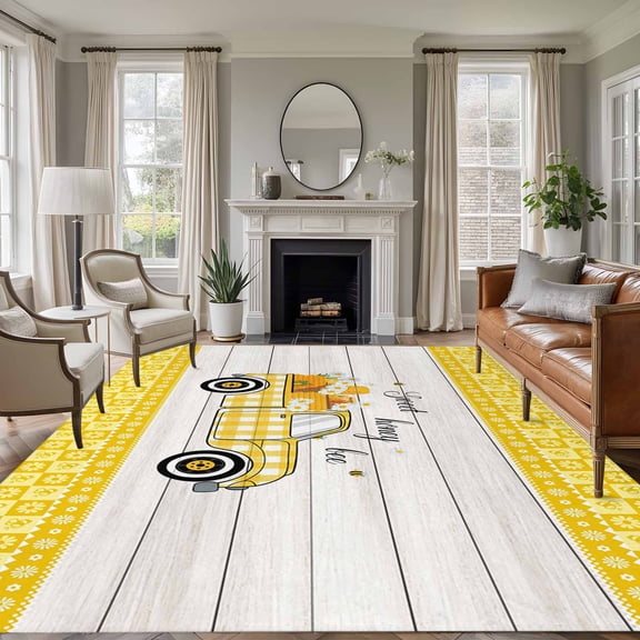 6x9 Area Rugs for Living Room, Bee Truck Non Slip Area Rugs for Kitchen Bedroom Entryway, Yellow Honey Daisy Floral Plaid Wooden Grain Washable Carpet Runner Rug Floor Mats for Bedroom Home Decor