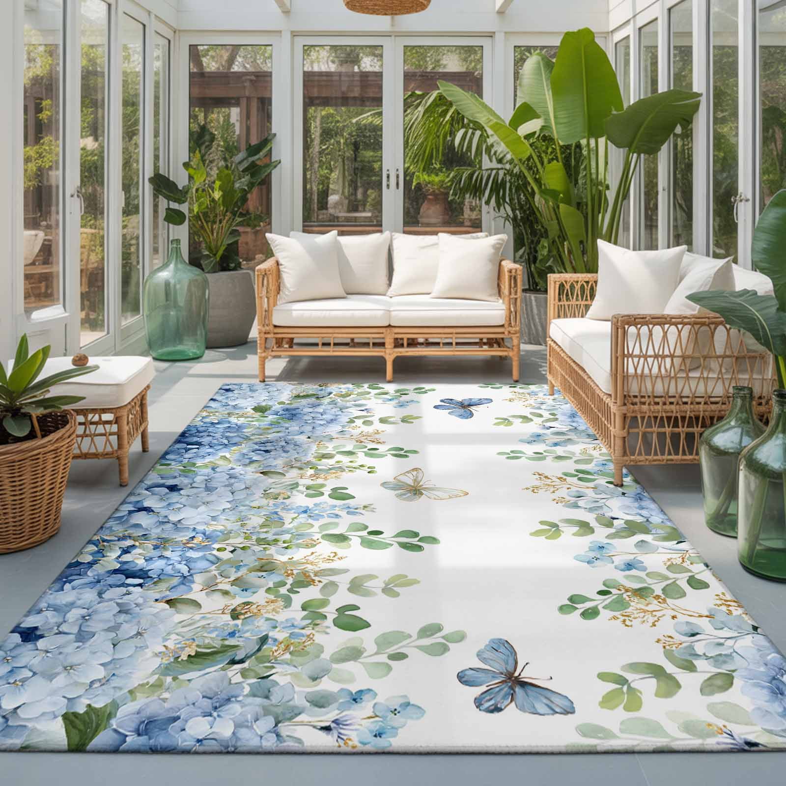 6x9 Area Rugs for Living Room, Blue Hydrangea Non Slip Area Rugs for Kitchen Bedroom Entryway, Spring Summer Eucalyptus Leaves Butterfly Washable Carpet Runner Rug Floor Mats for Bedroom Home Decor