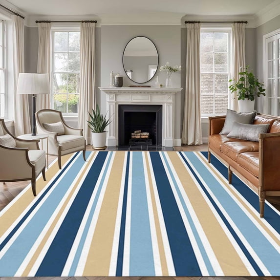 6x9 Area Rugs for Living Room, Blue Khaki Striped Non Slip Area Rugs for Kitchen Bedroom Entryway, Farmhouse Stripes Washable Carpet Runner Rug Floor Mats for Bedroom Home Decor Modern Abstract Art