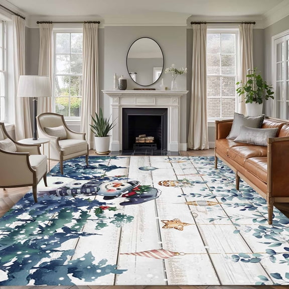 6x9 Area Rugs for Living Room, Blue Snowman Christmas Non Slip Area Rugs for Kitchen Bedroom Entryway, Xmas Snowflake Eucalyptus Leaves Wooden Washable Carpet Runner Rug Floor Mats for Bedroom