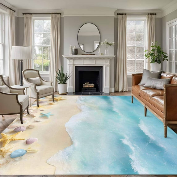 6x9 Area Rugs for Living Room, Blue Waves Non Slip Area Rugs for Kitchen Bedroom Entryway, Summer Beach Starfish Washable Carpet Runner Rug Floor Mats for Bedroom Home Decor Coastal Nautical Ocean