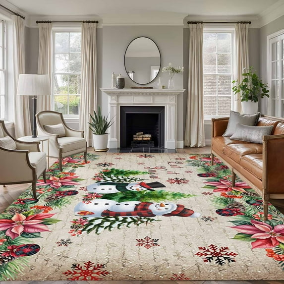 6x9 Area Rugs for Living Room, Christmas Non Slip Area Rugs for Kitchen Bedroom Entryway, Snowman Snowflake Xmas Tree Winter Vintage Washable Carpet Runner Rug Floor Mats for Bedroom Home Decor