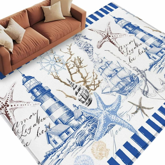 6x9 Area Rugs for Living Room, Coastal Blue Non Slip Area Rugs for Kitchen Bedroom Entryway, Ocean Nautical Lighthouse Starfish Anchor Washable Carpet Runner Rug Floor Mats for Bedroom Home Decor