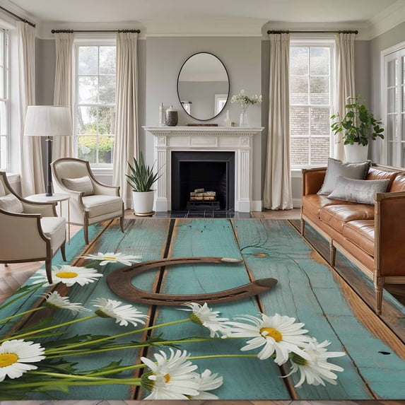 6x9 Area Rugs for Living Room, Daisy Flower Non Slip Area Rugs for Kitchen Bedroom Entryway, Vintage Horseshoes Farmhouse Wooden Grain Teal Washable Carpet Runner Rug Floor Mats for Bedroom