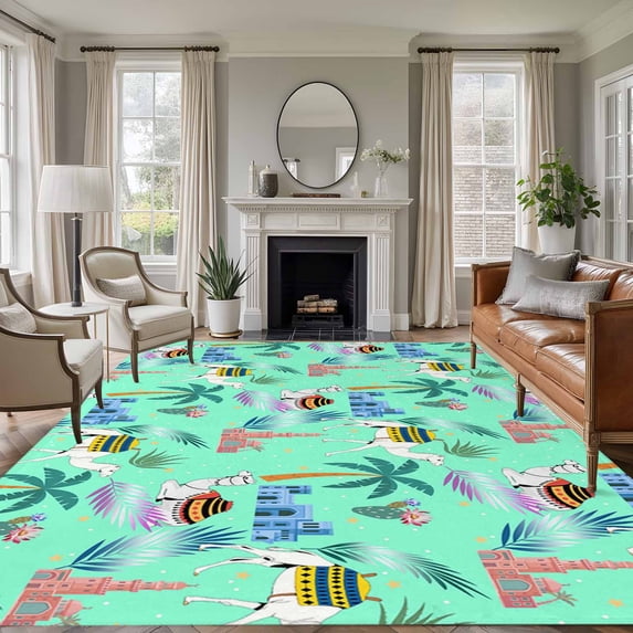 6x9 Area Rugs for Living Room, Desert Camels Non Slip Area Rugs for Kitchen Bedroom Entryway, Cute Animals Houses Palm Trees Leaves Green Washable Carpet Runner Rug Floor Mats for Bedroom Home Decor