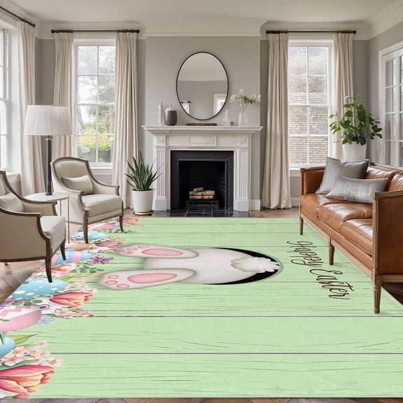 6x9 Area Rugs for Living Room, Easter Bunny Non Slip Area Rugs for Kitchen Bedroom Entryway, Colorful Eggs Cute Rabbit Green Country Wooden Washable Carpet Runner Rug Floor Mats for Bedroom