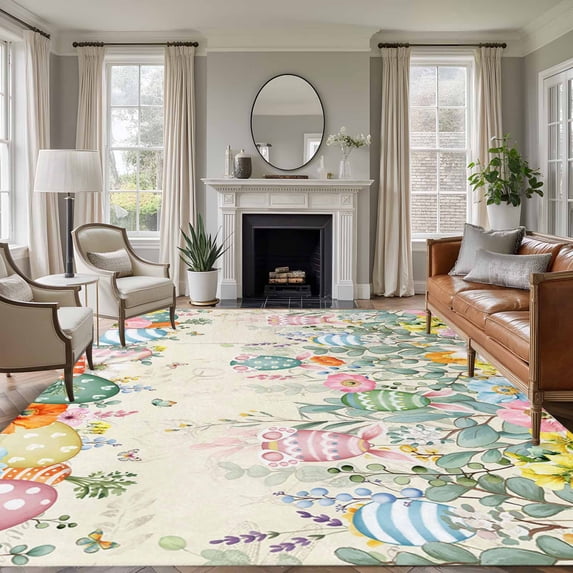 6x9 Area Rugs for Living Room, Easter Non Slip Area Rugs for Kitchen Bedroom Entryway, Spring Colorful Eggs Eucalyptus Leaves Floral Washable Carpet Runner Rug Floor Mats for Bedroom Home Decor