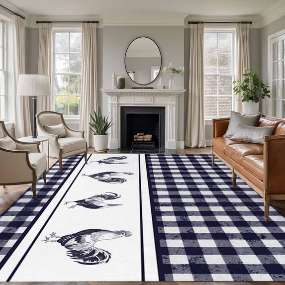 6x9 Area Rugs for Living Room, Farmhouse Purple Plaid Non Slip Area Rugs for Kitchen Bedroom Entryway, Vintage Country Cock Checkered Washable Carpet Runner Rug Floor Mats for Bedroom Home Decor