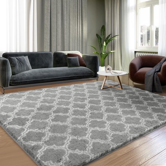 AllWays Plaza 6x9 Area Rugs for Living Room, Fluffy Shag Bedroom Rug, Non-Slip Indoor Carpet for Nursery, Kids Room, Playroom, Home Decor, Geometric, Light Grey/White