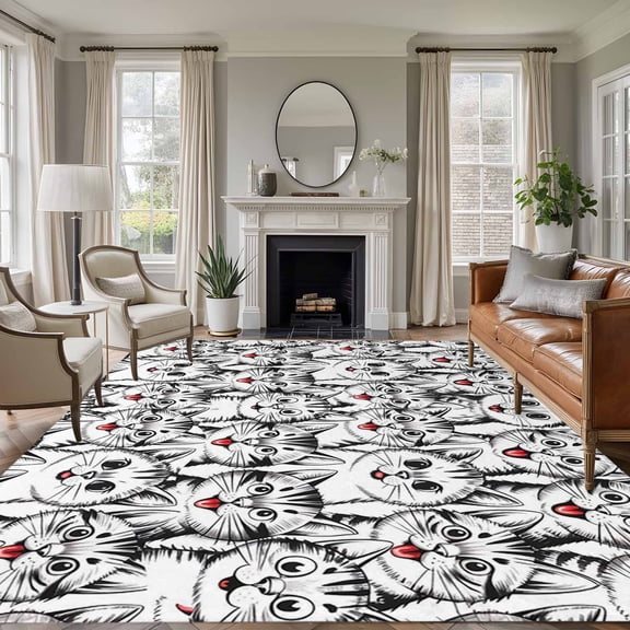 6x9 Area Rugs for Living Room, Funny Cat Non Slip Area Rugs for Kitchen Bedroom Entryway, Abstract Cartoon Cute Animals Printed Washable Carpet Runner Rug Floor Mats for Bedroom Home Decor