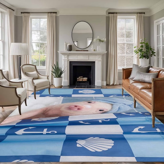 6x9 Area Rugs for Living Room, Funny Pig Non Slip Area Rugs for Kitchen Bedroom Entryway, Cute Art Modern Lovely Animals on Showering Blue Washable Carpet Runner Rug Floor Mats for Bedroom