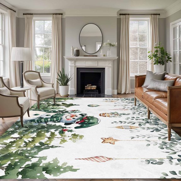 6x9 Area Rugs for Living Room, Green Snowman Christmas Non Slip Area Rugs for Kitchen Bedroom Entryway, Eucalyptus Leaves Xmas Snowflake Washable Carpet Runner Rug Floor Mats for Bedroom Home Decor