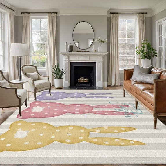 6x9 Area Rugs for Living Room, Happy Easter Bunny Non Slip Area Rugs for Kitchen Bedroom Entryway, Striped Polka Dot Rabbits Farmhouse Washable Carpet Runner Rug Floor Mats for Bedroom Home Decor
