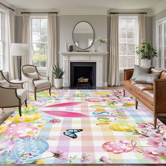 6x9 Area Rugs for Living Room, Happy Easter Non Slip Area Rugs for Kitchen Bedroom Entryway, Spring Bunny Colorful Eggs Flower Plaid Washable Carpet Runner Rug Floor Mats for Bedroom Home Decor