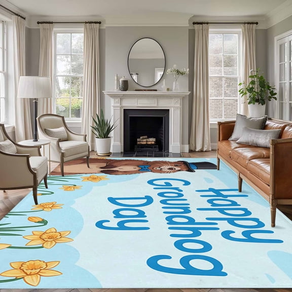 6x9 Area Rugs for Living Room, Happy Groundhog Day Non Slip Area Rugs for Kitchen Bedroom Entryway, Cartoon Cute Ground Hog Flowers Sky Blue Washable Carpet Runner Rug Floor Mats for Bedroom