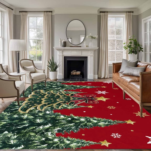 6x9 Area Rugs for Living Room, Merry Christmas Non Slip Area Rugs for Kitchen Bedroom Entryway, Green Xmas Tree Snowflake Red Washable Carpet Runner Rug Floor Mats for Bedroom Home Decor