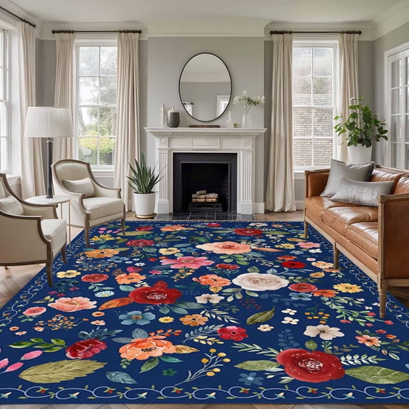 6x9 Area Rugs for Living Room, Navy Blue Flowers Non Slip Area Rugs for Kitchen Bedroom Entryway, Spring Vintage Floral Leaves Farmhouse Washable Carpet Runner Rug Floor Mats for Bedroom Home Decor