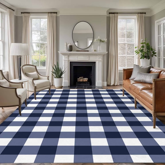 6x9 Area Rugs for Living Room, Navy Blue Plaid Non Slip Area Rugs for Kitchen Bedroom Entryway, White Checkered Farmhouse Buffalo Washable Carpet Runner Rug Floor Mats for Bedroom Home Decor