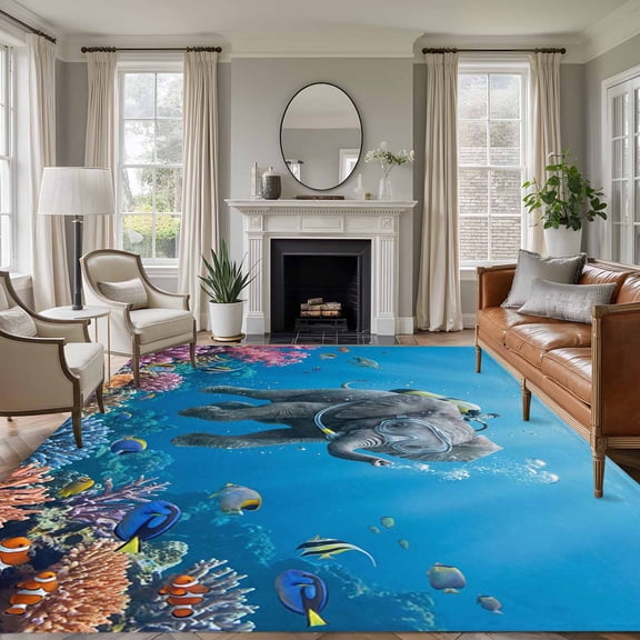 6x9 Area Rugs for Living Room, Ocean Diving Elephant Non Slip Area Rugs for Kitchen Bedroom Entryway, Blue Coastal Coral Fish Marine Life Washable Carpet Runner Rug Floor Mats for Bedroom Home Decor